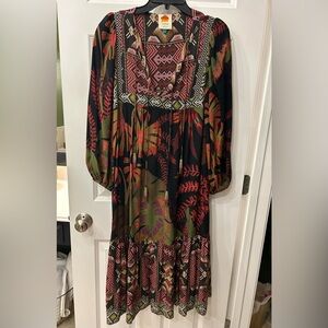Farm Rio scarf midi tunic dress. Beaded tassels.